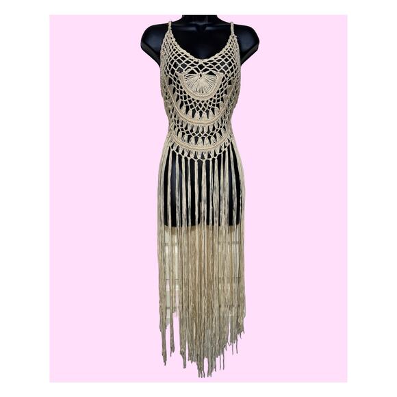 New Medium Khaki Beige Knit‎ Fringe Crochet Swimsuit Cover Up Maxi Dress Beach - Picture 1 of 5